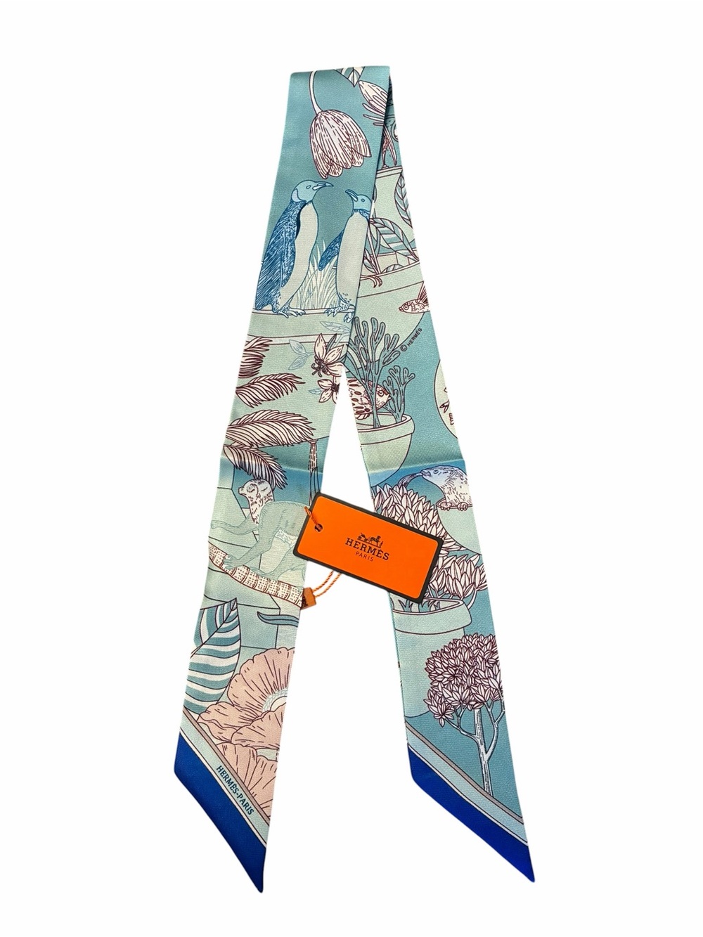 Precious Paradise Twilly Scarf MultiColor Multi Birds Monkey Floral 100% Silk